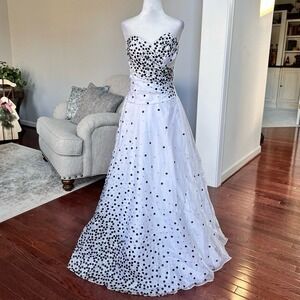 Masquerade Strapless Black White Silver Polka Dot Glitter Princess Gown Dress